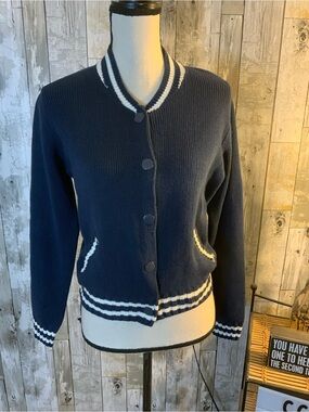 Navy Knit Bomber Cardigan with Contrast Trim